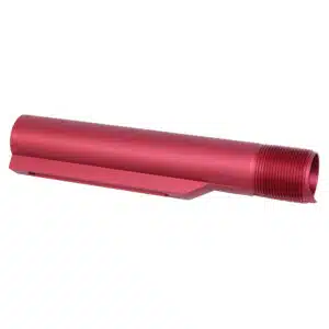 Anodized red AR-15 Mil-Spec Gen 2 buffer tube with threaded end and notch cutout.