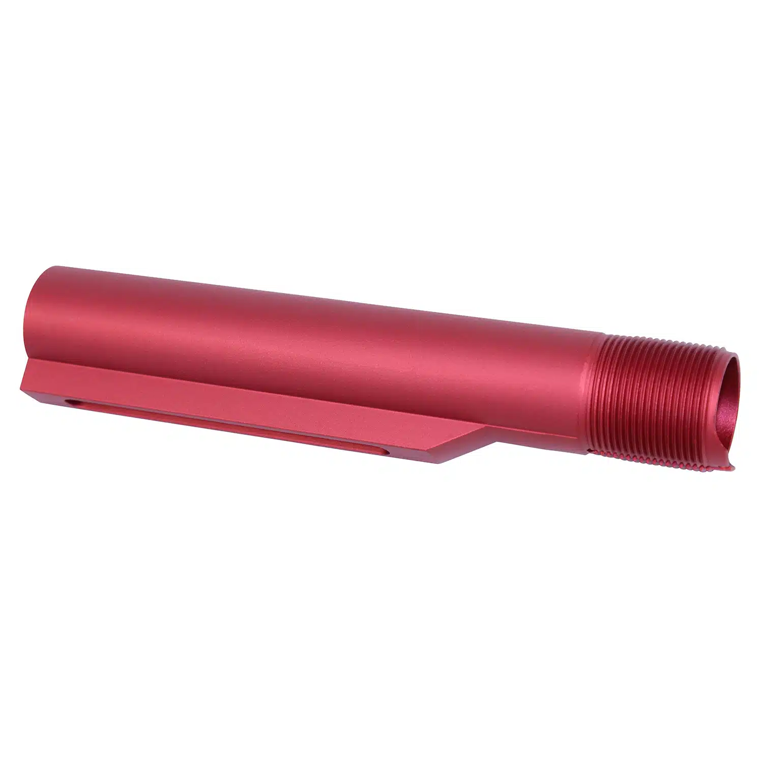 Anodized red AR-15 Mil-Spec Gen 2 buffer tube with threaded end and notch cutout.