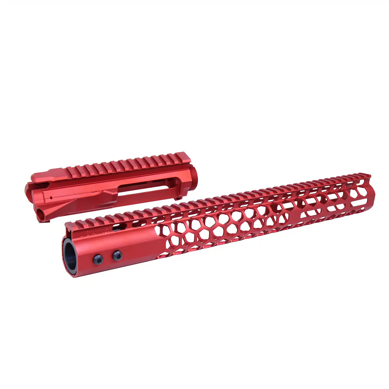 AR-15 stripped billet upper receiver and 15 inch Air Lite handguard in red anodized finish.
