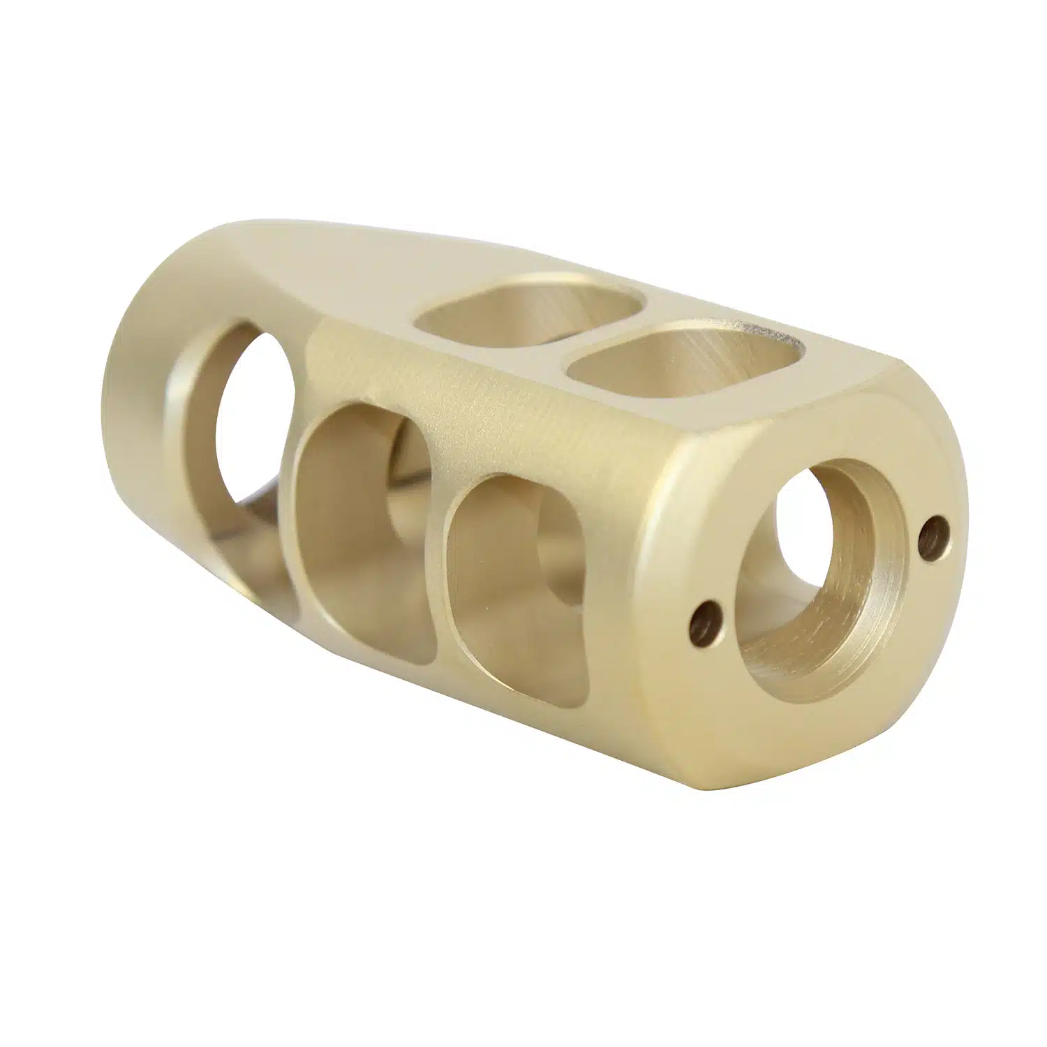 Gold titanium nitride .50 Beowulf multiport steel compensator with side slots and top holes