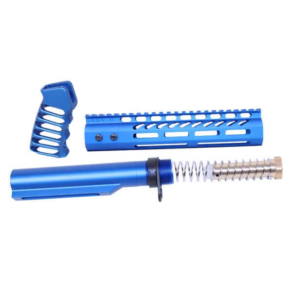 AR-15 blue anodized pistol brace kit with buffer tube and tactical components.