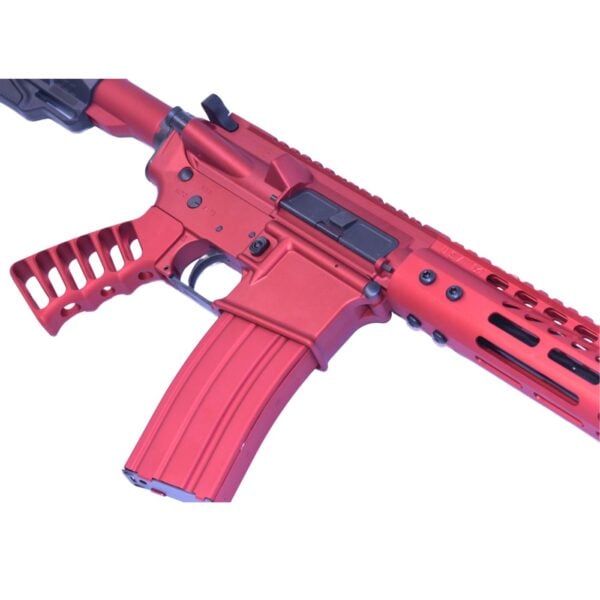 Vivid red custom-designed semi-automatic firearm with tactical enhancements.