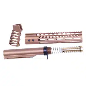 AR-15 pistol brace kit with ergonomic grip and buffer tube in anodized bronze.