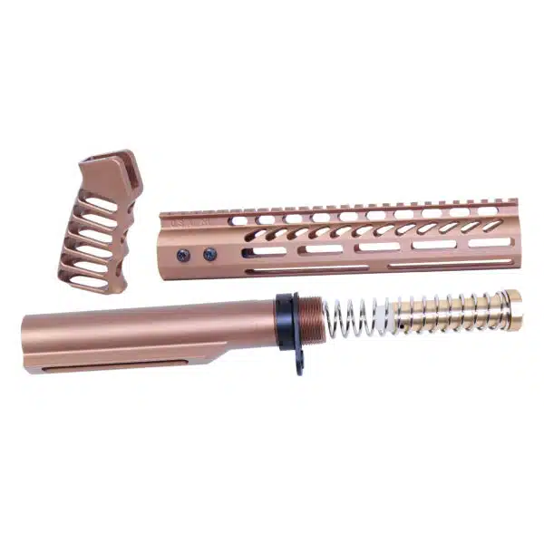 AR-15 pistol brace kit with ergonomic grip and buffer tube in anodized bronze.