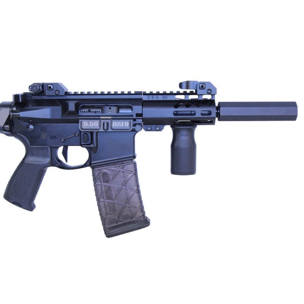 Compact AR-15 pistol with suppressor and Picatinny rail in black.