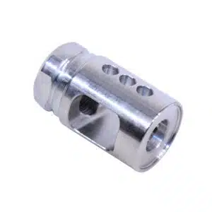 Stainless steel AR-15 Micro Comp compensator with three top ports and side slot cut.