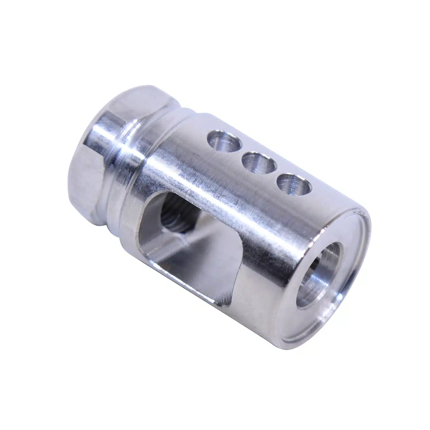Stainless steel AR-15 Micro Comp compensator with three top ports and side slot cut.