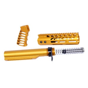 AR-15 pistol brace kit with anodized orange components and ergonomic grip.