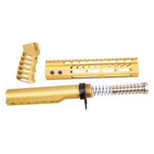 Gold AR-15 9 pistol brace build kit with milspec buffer tube and tactical components.