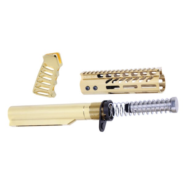 Gold-plated AR-15 pistol brace build kit components with detailed machining.