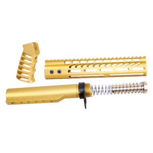 Gold AR-15 pistol brace kit with milspec buffer tube and spring mechanism.