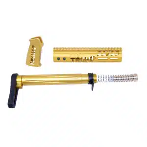 Anodized Gold AR-15 Trump Series furniture set including handguard, pistol grip, and stock.