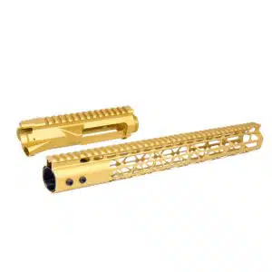 Gold anodized AR-15 upper receiver and 15-inch Air Lite M-LOK handguard on white background.
