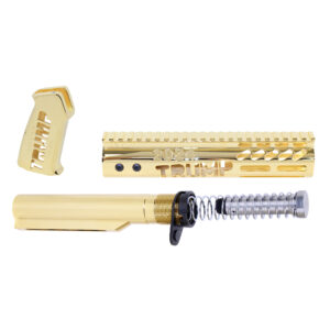 Gold-plated AR-15 Trump Series components with precision machining and luxury finish.