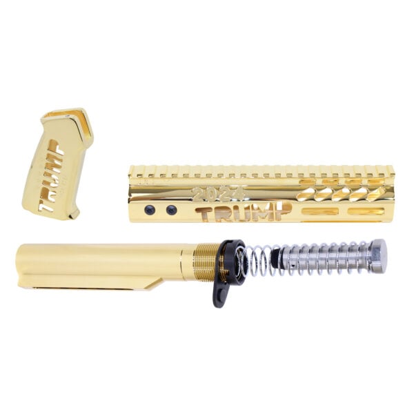 Gold-plated AR-15 Trump Series components with precision machining and luxury finish.