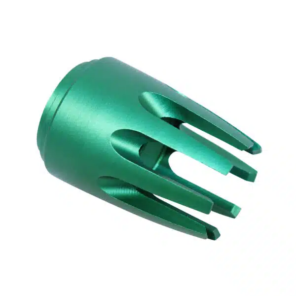 Green anodized AR15 claw flash hider with multi-prong design for improved airflow.