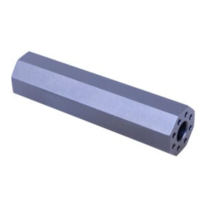 AR .308 caliber 4.5-inch octagonal fake suppressor in anodized grey, showing detailed machining.