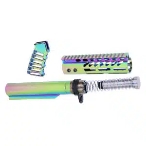 Iridescent AR-15 components with rainbow finish, featuring barrel assembly and handguard.