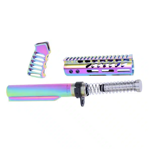 Colorful iridescent handgun components with a custom PVD finish reflecting vibrant rainbow hues.