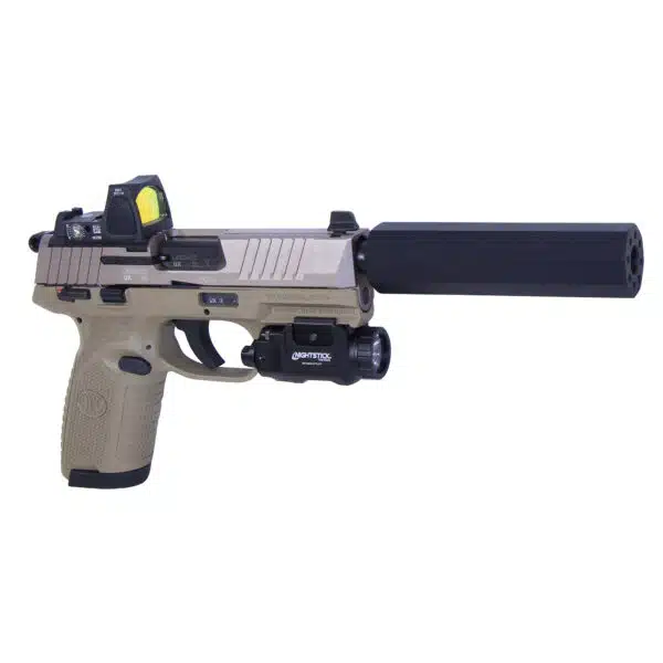 Modern tactical handgun with suppressor, red dot sight, and flashlight for precision and visibility.