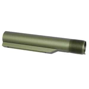 Olive green AR-15 buffer tube, matte finish, threaded, tactical design for adjustable stock.