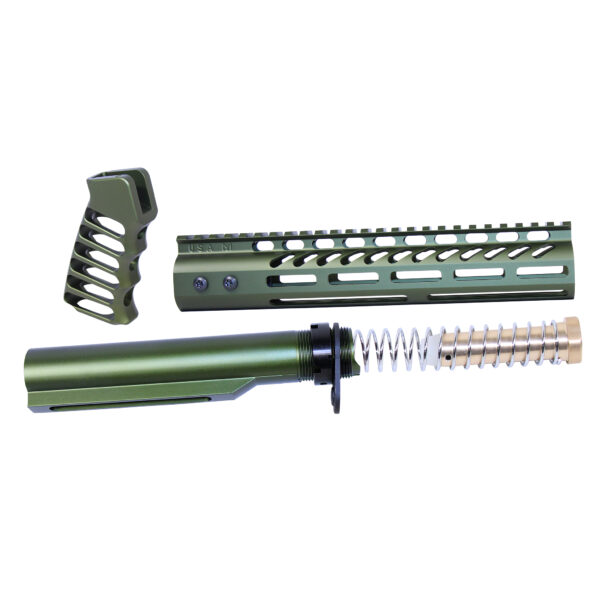 AR-15 green pistol brace kit with buffer tube on white background.