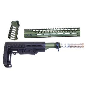 AR-15 ultralight furniture set in anodized green with grip, handguard, and adjustable stock.