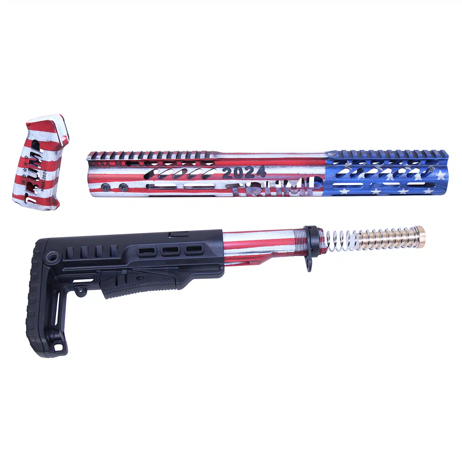 AR-15 furniture set with Cerakote Battleworn finish in red, white, and blue.