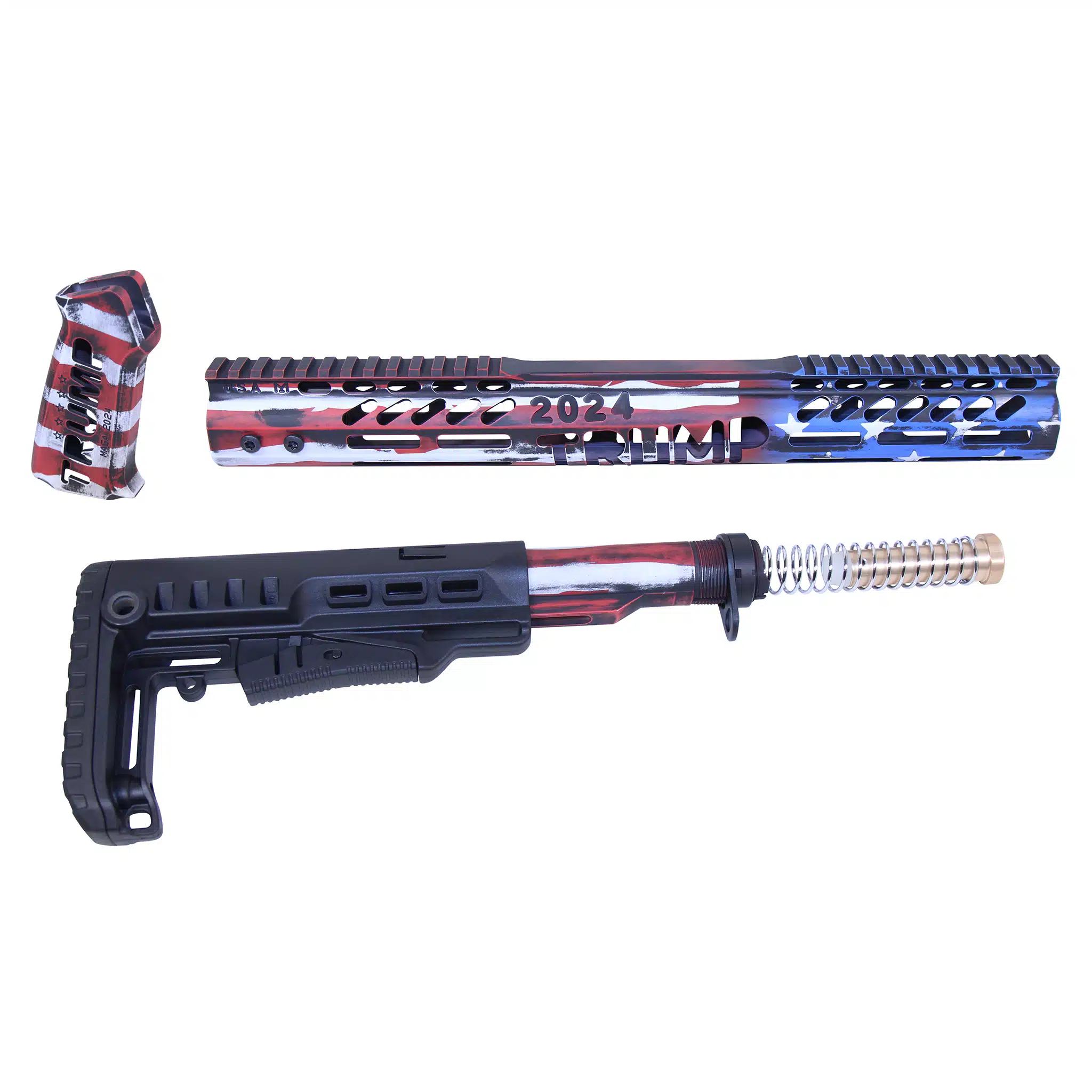 AR-15 furniture set with Cerakote Battleworn finish showing handguard, stock, and pistol grip