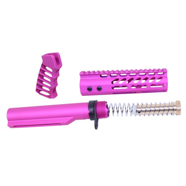 AR-15 pink pistol build kit with anodized parts and stylish design elements.