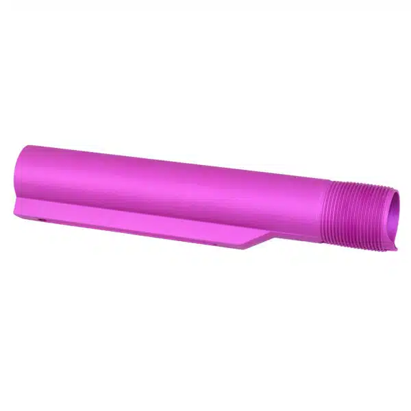 Vibrant pink AR-15 buffer tube with anodized finish for firearm customization and enhanced durability.