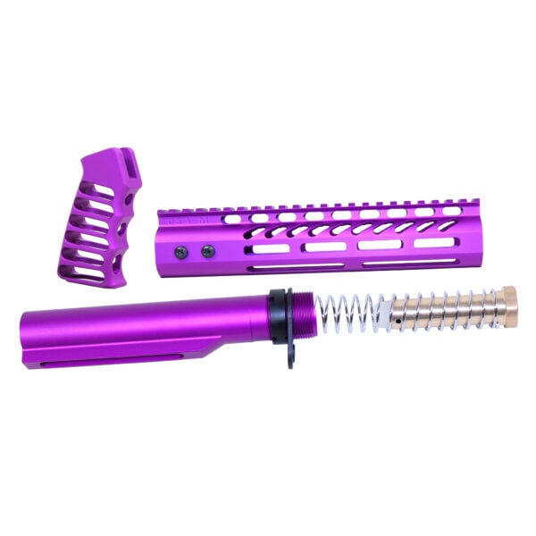 AR-15 pistol brace kit in anodized purple with buffer tube and accessories.