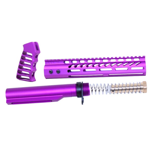 AR-15 pistol brace build kit components in anodized purple on white background.