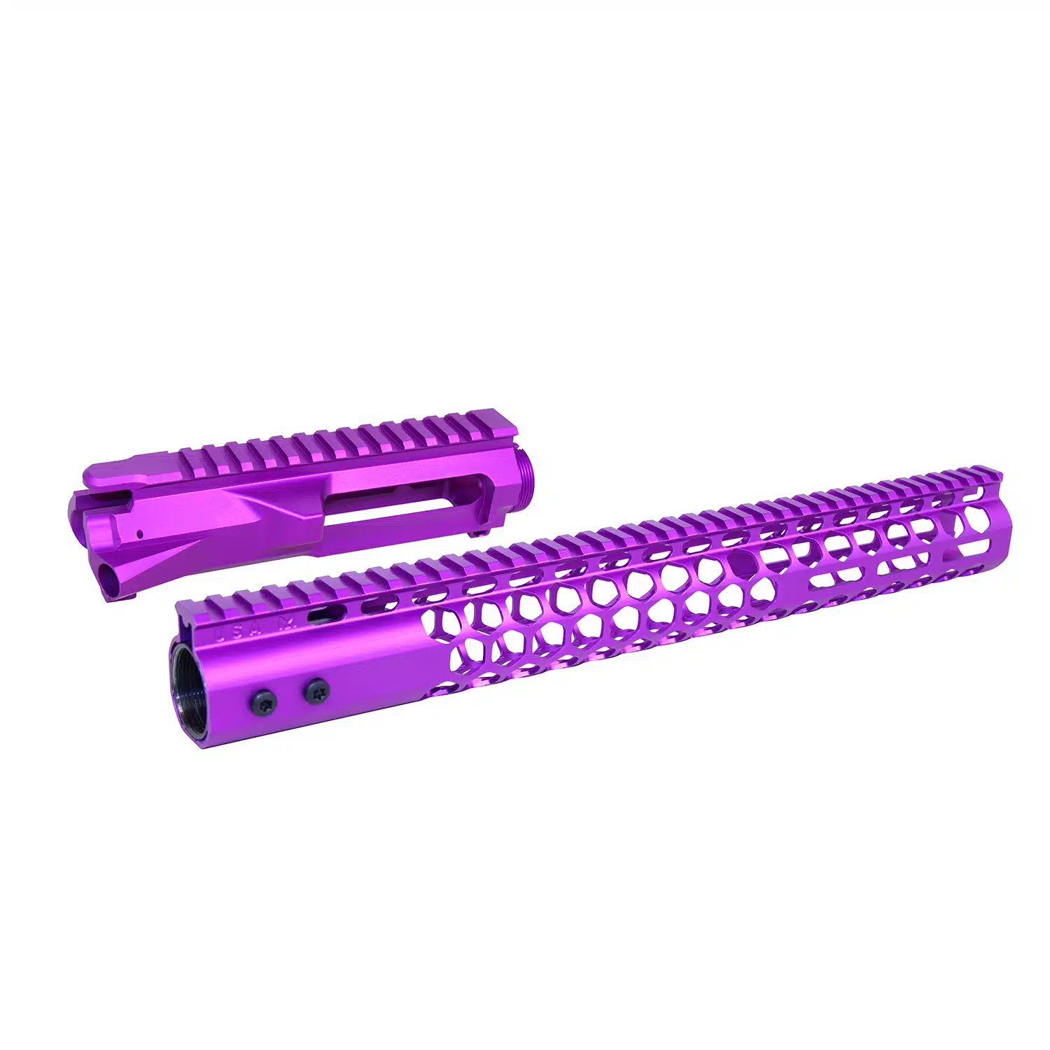 AR-15 billet upper receiver and Air Lite honeycomb M-LOK handguard in anodized purple finish