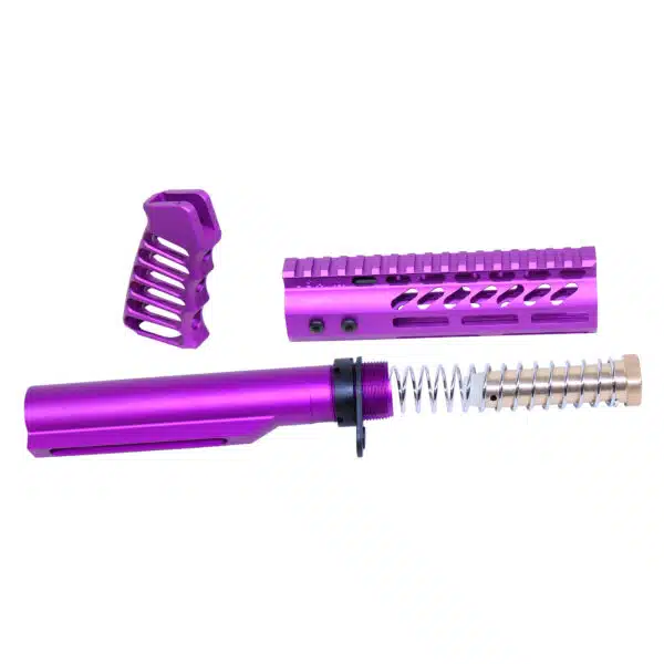 Purple anodized AR-15 parts kit, including buffer tube and ergonomic grip, for custom builds.