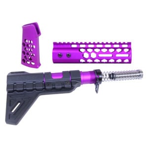 AR-15 pistol accessories in anodized purple with honeycomb design.