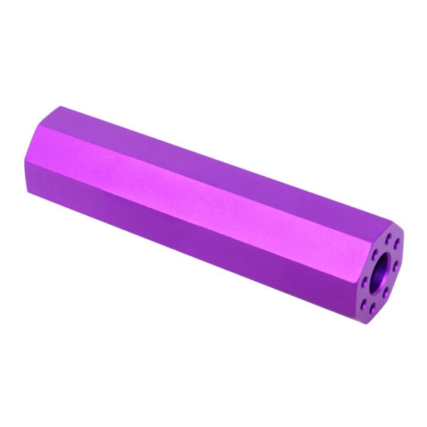 Purple anodized AR-15 octagonal fake suppressor with precision holes.