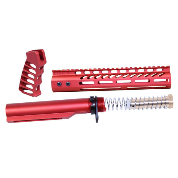 AR-15 red anodized pistol brace kit with buffer tube and ergonomic components.