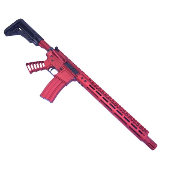 Red anodized AR-15 rifle with sleek design and adjustable black stock.