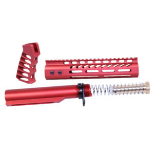 AR-15 red anodized pistol brace build kit with components displayed.