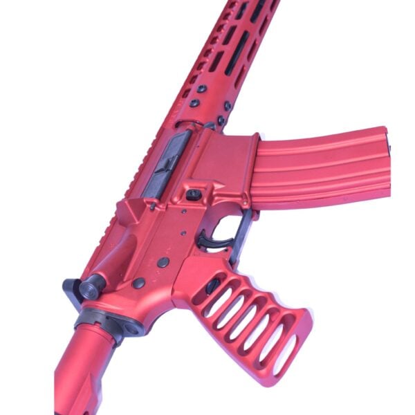 Red semi-automatic rifle with skeletal grip and ventilated rail system.