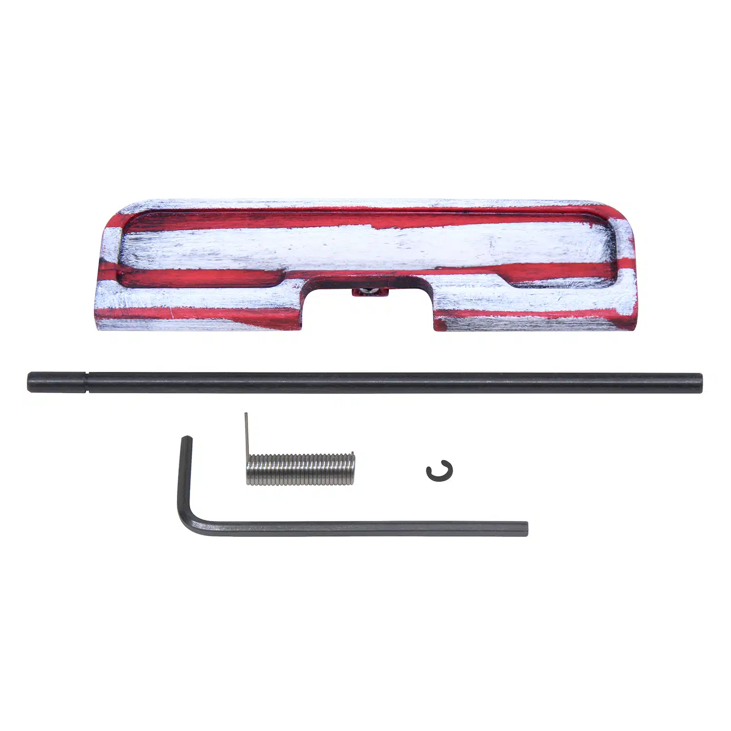 AR-15 ejection port dust cover assembly with Cerakote Battleworn finish, rod, spring, and clip