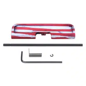 AR-15 ejection port dust cover assembly with Cerakote Battleworn finish, rod, spring, and clip