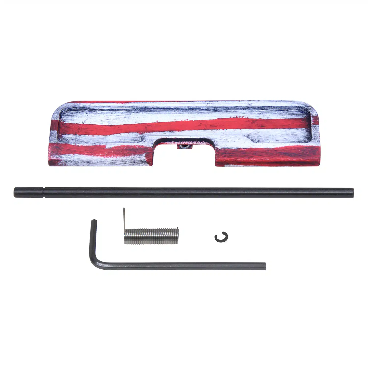 AR-15 ejection port dust cover assembly with Cerakote Battleworn finish, including rod, spring, and clip