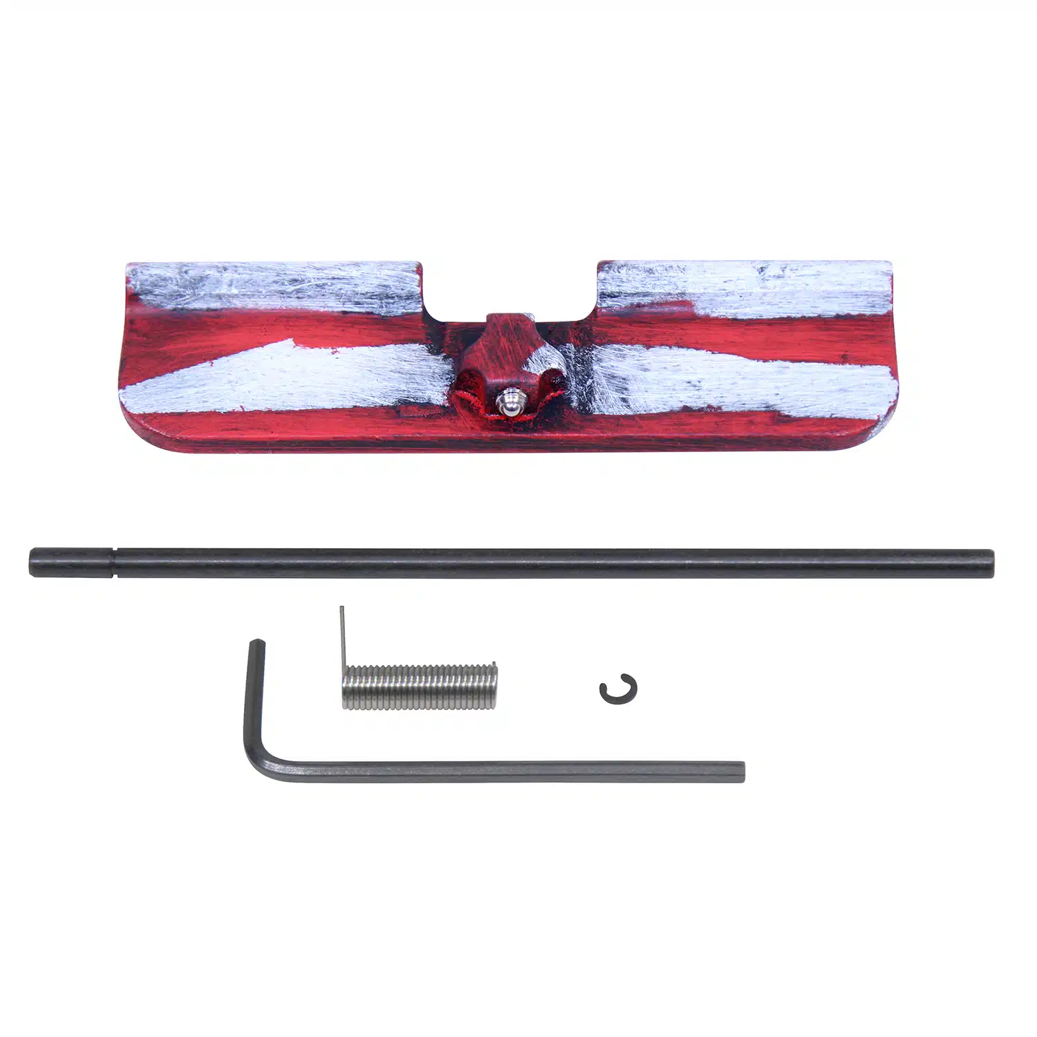 AR-15 ejection port dust cover assembly with Cerakote Battleworn finish, rod, spring, and clip