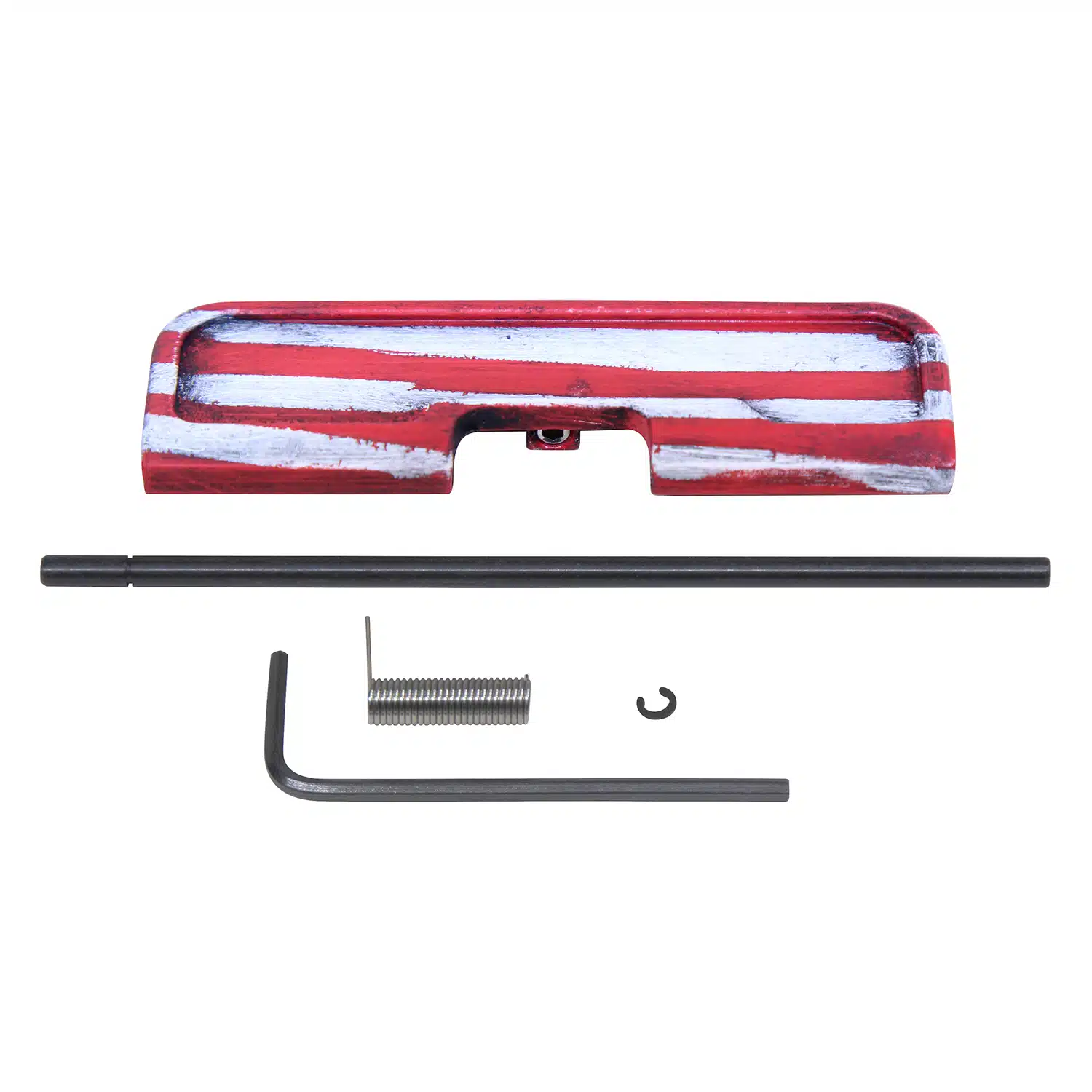AR-15 ejection port dust cover assembly with Cerakote Battleworn finish, rod, spring, and clip