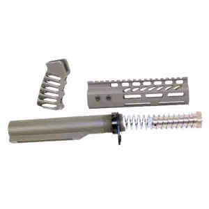 Flat Dark Earth AR-15 pistol brace build kit showing buffer tube, handguard, pistol grip, and recoil spring assembly.