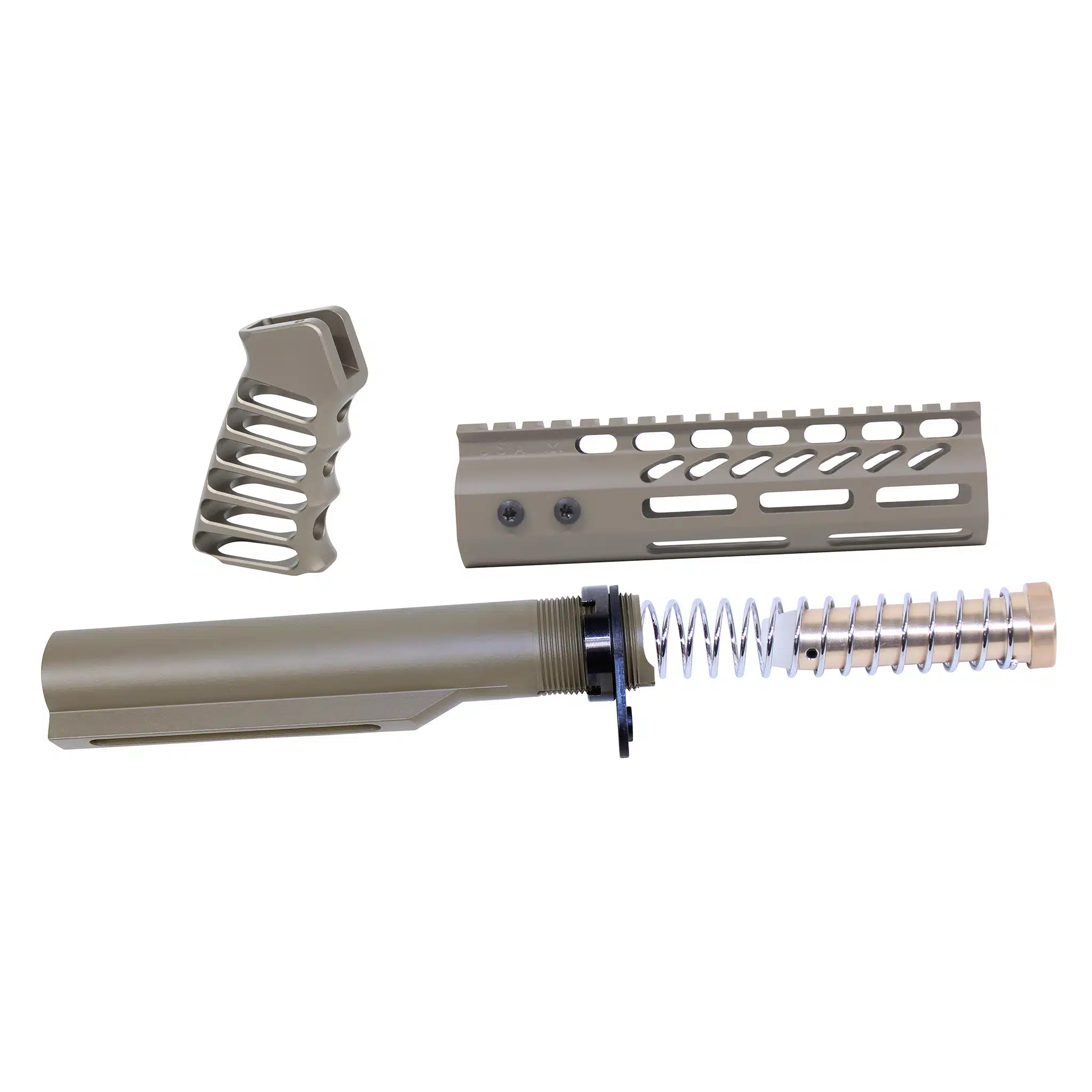 Flat Dark Earth AR-15 pistol brace build kit showing buffer tube, handguard, pistol grip, and recoil spring assembly.