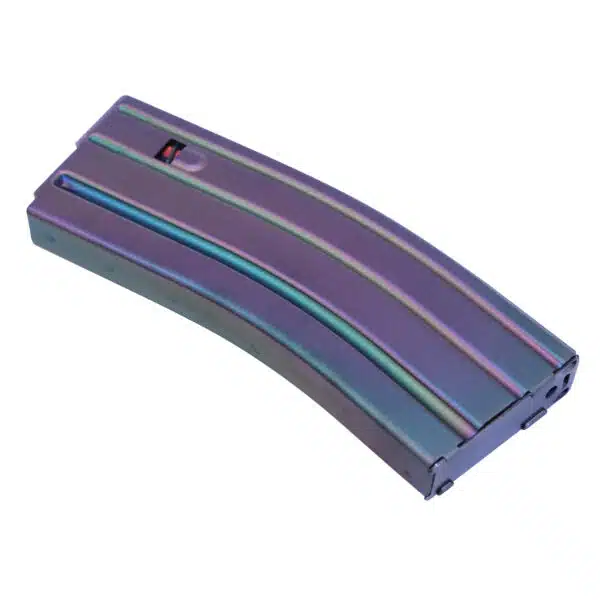 Colorful 30-round AR-15 magazine with iridescent oil slick finish in purple, blue, and teal.
