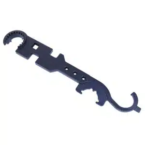 Black AR-15 armorer's wrench with multiple cutouts and hooks for 5.56 cal maintenance.